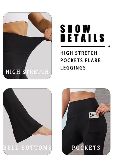 Women'S Super Soft Flare Pants with Pockets High Waisted Tummy Control Workout Yoga Push up Gym Fitness Leggings Bell Bottoms